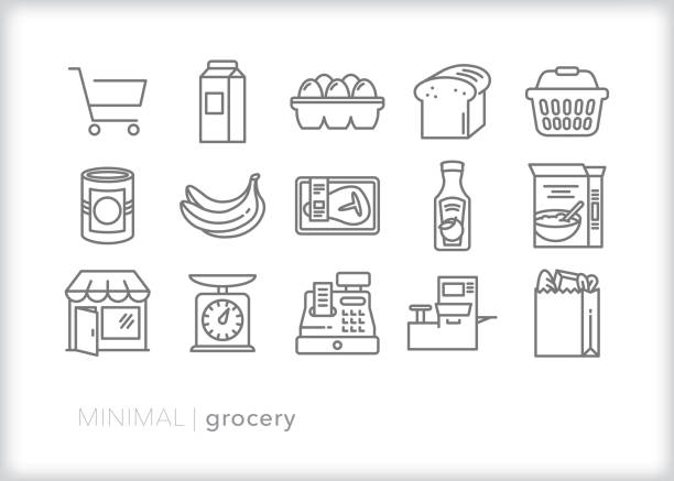 Grocery line icon set Set of 15 gray grocery line icons of common food and drink icons, including shopping basket, cart and check out items food icons stock illustrations