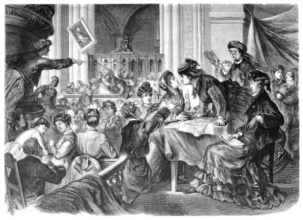 A women's club in the church of Batignolles in Paris Illustration of a women's club in the church of Batignolles in Paris of a voting rights stock illustrations