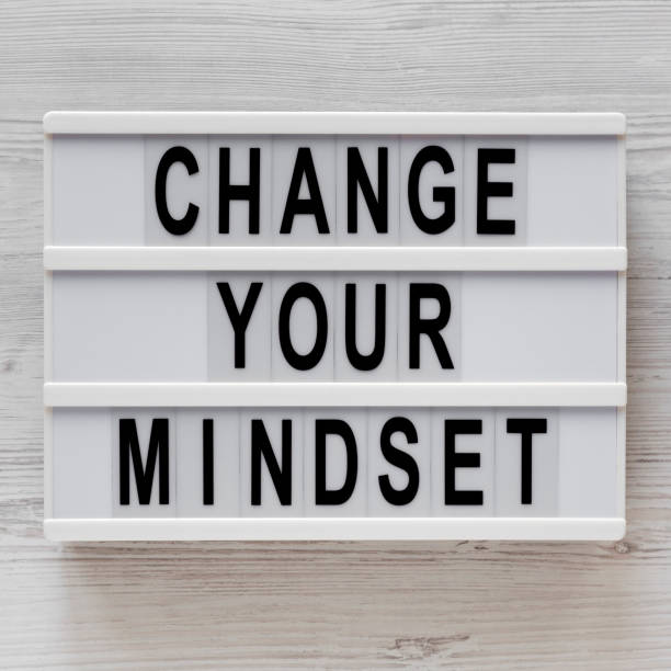 istock 'Change your mindset' words on a lightbox on a white wooden background, top view. Overhead, from above, flat lay. 1195771879