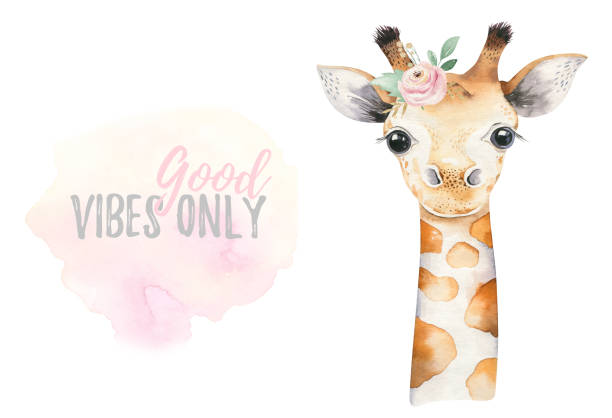 아기 기린이 있는 포스터. 수채화 만화 기린 열대 동물 그림입니다. 정글 이국적인 여름 인쇄. - zoo animal safari giraffe stock illustrations