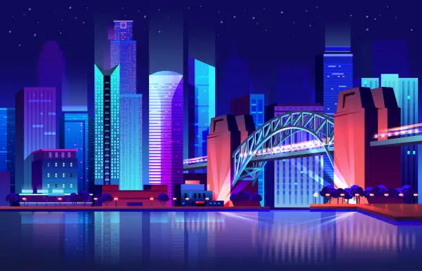 Vector illustration of Future town with bridge and river, futuristic city