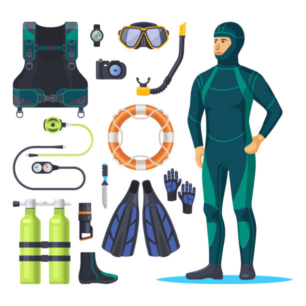 Diver in scuba diving suit, snorkeling man. Diver in scuba diving suit, underwater snorkeling man. Oxygen mask and aqualung, rubber suit for swimming or wetsuit, water camera and watch, ring and light, knife. Diving sport and items, equipment wetsuit stock illustrations
