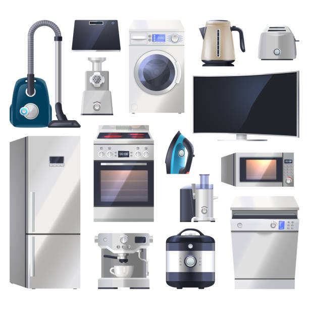 Set of kitchen appliance, electronics for home Set of kitchen appliance, electronics for home. Vacuum cleaner, hoover, scales, mincer, washing machine, kettle, toaster, monitor, refrigerator fridge oven juicer microwave multicookerdishwasher iron appliance stock illustrations