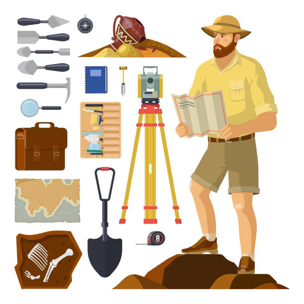 illustrazioni stock, clip art, cartoni animati e icone di tendenza di archeologo vicino a oggetti archeologici. paleontologia - paleontologo