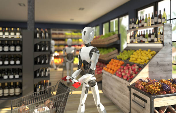 A humanoid robot with a shopping trolley is shopping at a grocery store. Future concept with robotics and artificial intelligence. 3D rendering A humanoid robot with a shopping trolley is shopping at a grocery store. Future concept with robotics and artificial intelligence. 3D rendering. dystopia concept stock pictures, royalty-free photos & images