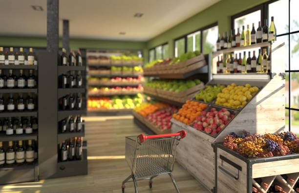 the interior of a convenience  shop with a shopping cart in the foreground. commercial equipment in store with fruits, wine and alcoholic beverages. 3d rendering - food and drink industry imagens e fotografias de stock