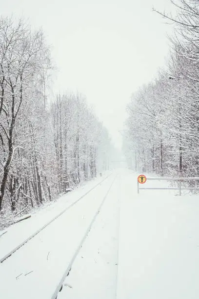 a snowy railway track through a forest in winter