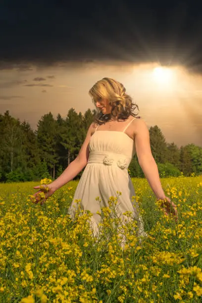 a woman with white dress in a rapsfield with dramatic sky in spring