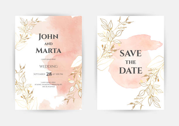 Wedding Invitation with Gold Flowers. eps10 wedding invitation templates. Cover design with gold ornaments. set with hand drawn watercolor background. Trendy templates for banner, flyer, poster, greeting. eps10 golden roses stock illustrations