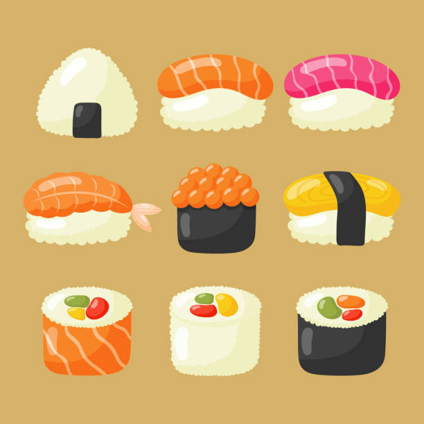 illustrazioni stock, clip art, cartoni animati e icone di tendenza di set di icone di sushi. cibo giapponese su sfondo marrone. illustrazione vettoriale. - sushi