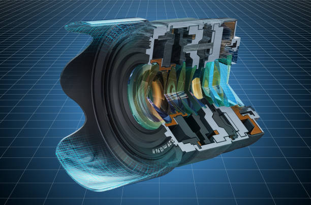 Visualization 3d cad model of sectional of camera lens, fixed focal length lens. 3D rendering