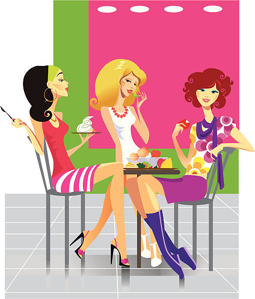 three girls in cafe vector art illustration