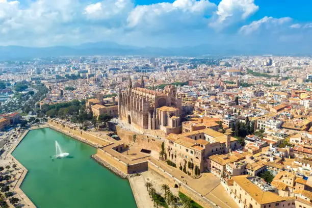 Palma de Mallorca, Spain - 30 september: aerial panoramic view historic cathedral cityscape