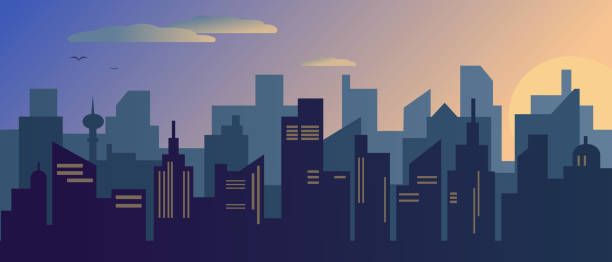 istock Sunset or sunrise in modern city. Vector illustration. 1195786886