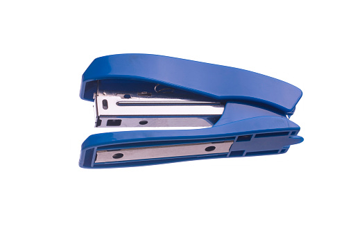 Blue stapler isolated on a white background.