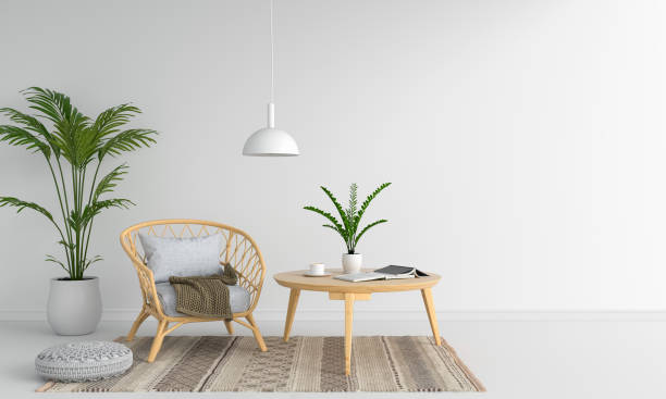 istock Weave wooden chair in white room for mockup, 3D rendering 1195791038