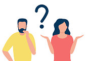 istock Thoughtful man and doubting woman with question mark. People solve problem, choose solution. Concept of dispute, conflict, deadlock. I do not know. Vector flat design illustration 1195791938