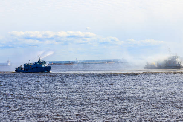 istock Extinguishing a burning ship during naval exercises 1195792033