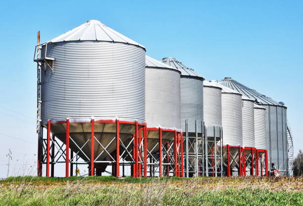istock Row of Grain Bins 1195792094