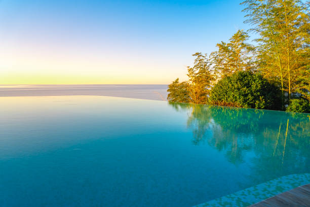 istock Infinity Edge Swimming Pool Water, Beautiful Black Sea View. 1195792856