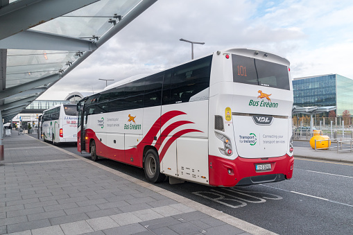 Dublin, Ireland - November 6, 2019: Bus Eireann of Transport for Ireland. Bus at Dublin airport.