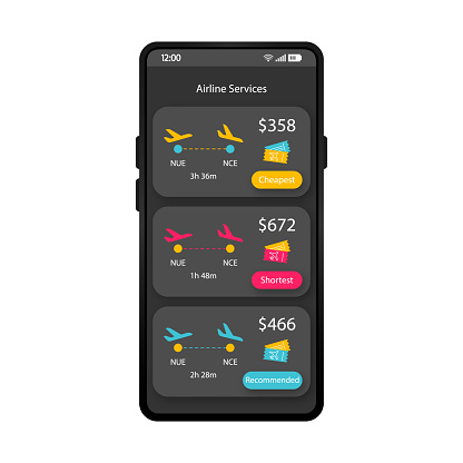 Airline services app smartphone interface vector template. Mobile flight tickets booking app page black design layout. Cheapest, shortest tickets screen. Flat UI last minutes flights application