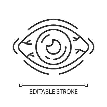 Allergic conjunctivitis linear icon. Eye inflammation. Thin line illustration. Contour symbol. Seasonal pollen allergy symptom. Bacterial infection. Vector isolated outline drawing. Editable stroke