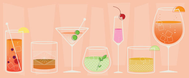 칵테일 일러스트, 아이콘 세트, 빈티지 스타일 - cocktail martini olive vodka stock illustrations