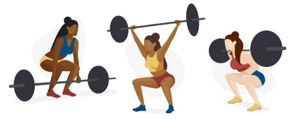 ilustrações, clipart, desenhos animados e ícones de jogo fêmea do caráter do levantador de peso, treinamento da força, edifício de corpo, conceito multicultural da diversidade - crouching barbell weightlifting weight training