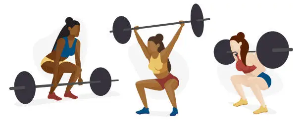Vector illustration of Female Weight Lifter Character Set, Strength Training, Body Building, Multicultural Diversity Concept