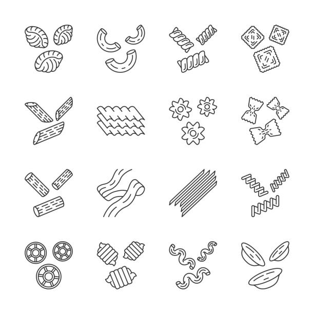 ilustraciones, imágenes clip art, dibujos animados e iconos de stock de conjunto de iconos lineales de fideos de pasta - noodles