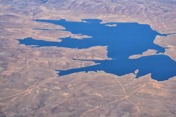 Strawberry Reservoir Bay lake aerial drone view from airplane in Fall by Daniels Summit between Heber and Duchesne in the Uintah Basin, Utah, United States of America, USA. stock photo