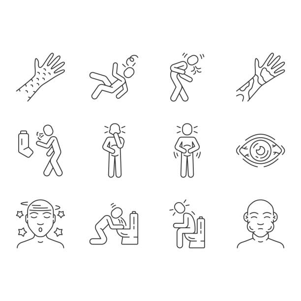 Allergy symptoms linear icons set Allergy symptoms linear icons set. Food poisoning, flu, influenza. Viral infection. Allergic reaction thin line contour symbols. Isolated vector outline illustrations. Editable stroke fainted stock illustrations