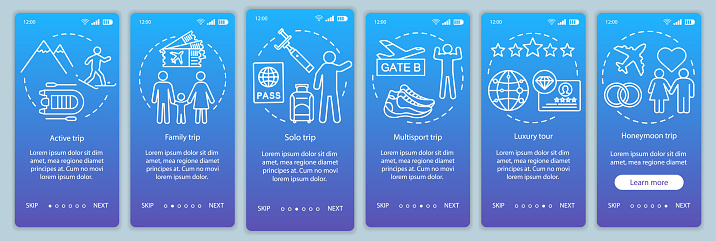 Travel styles onboarding mobile app page screen vector template