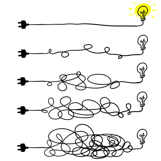 vereinfachung des komplexen, der verwirrungklarheit oder des pfades. vektor-ideenkonzept mit glühbirnen-doodle-illustration - clew bay stock-grafiken, -clipart, -cartoons und -symbole