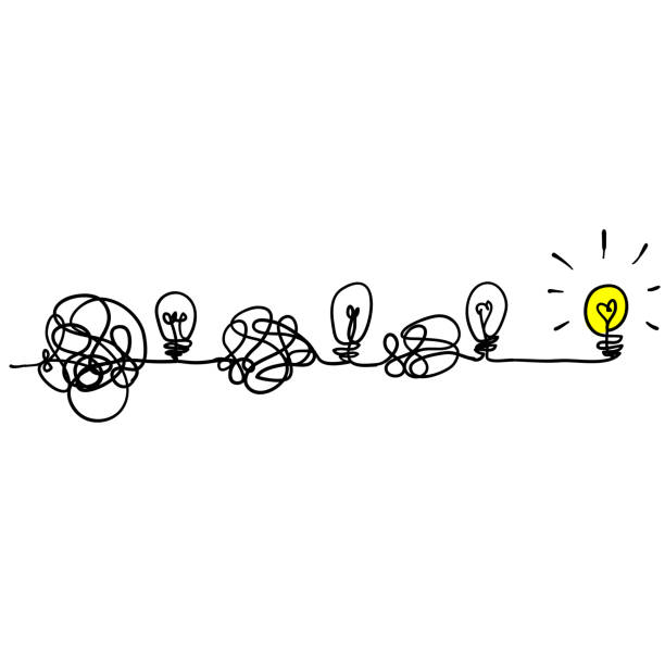 Simplifying the complex, confusion clarity or path. vector idea concept with lightbulbs doodle illustration Simplifying the complex, confusion clarity or path. vector idea concept with lightbulbs doodle illustration clew bay stock illustrations