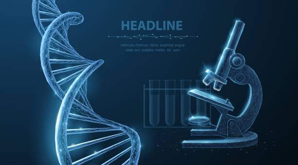 3d dna molecule helix spiral model and microscope. vector art illustration