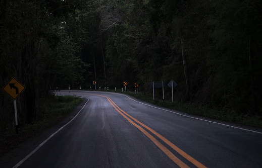 Road on the dark view on the mountain road among green forest trees / curve asphalt road lonely scary at night