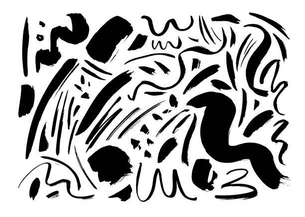 ilustraciones, imágenes clip art, dibujos animados e iconos de stock de conjunto vectorial de pinceles negros grunge, líneas, gruñón. trazos de pincel curvos y giratorios. - watercolor painting watercolour paints brush stroke abstract