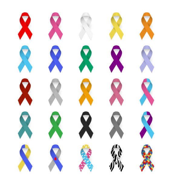 bunte bewusstsein bänder. emblem von krebs, aids, hepatitis, lupus, diabetes, epilepsie, autismus, down-syndrom, neurologische erkrankungen. - tierisches herz stock-grafiken, -clipart, -cartoons und -symbole