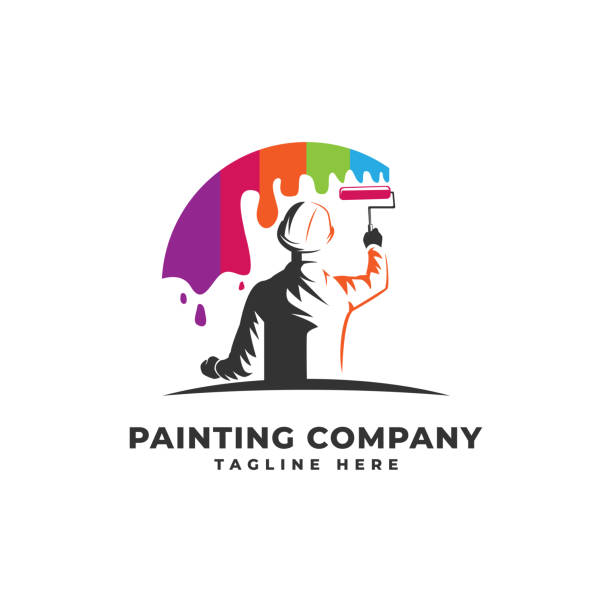 lukisan dengan ikon vektor warna pelangi, orang memegang cat roller warna-warni - painter ilustrasi stok