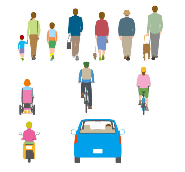 ludzie, rowery, samochody. ilustracja widziana z tyłu - cycling senior adult sports helmet men stock illustrations