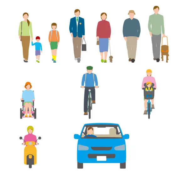 Vector illustration of People, bicycles, automobiles. Illustration seen from the front.