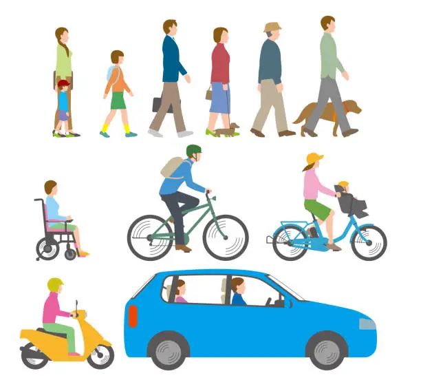 Vector illustration of People, bicycles, automobiles. Illustration seen from the side.