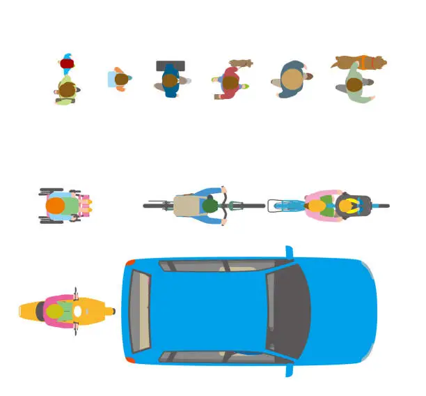 Vector illustration of People, bicycles, automobiles. Illustration seen from the top.