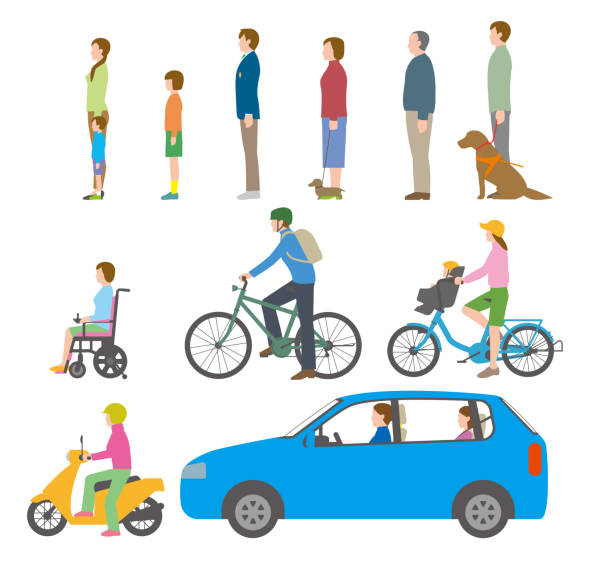 People, bicycles, automobiles. Illustration seen from the side. People, traffic bicycle cycling school child stock illustrations