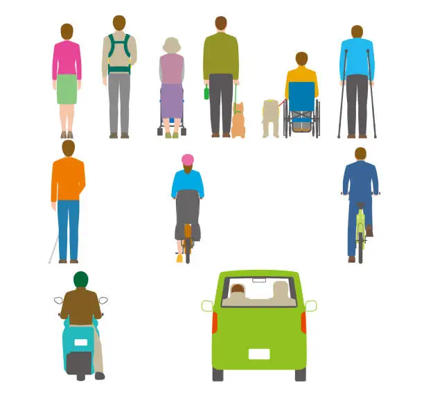 Vector illustration of People, bicycles, automobiles. Illustration seen from the back