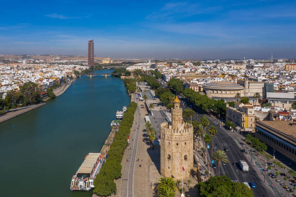 aerial view of the seville tower. torre del oro - seville sevilla torre del oro tower imagens e fotografias de stock