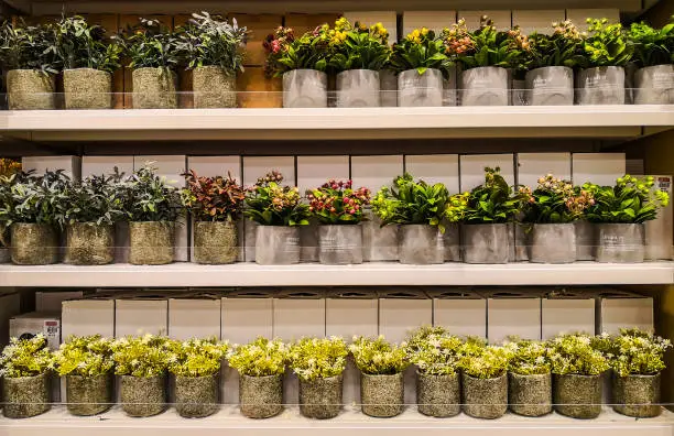 Group of small artificial flower pots on a store shelf