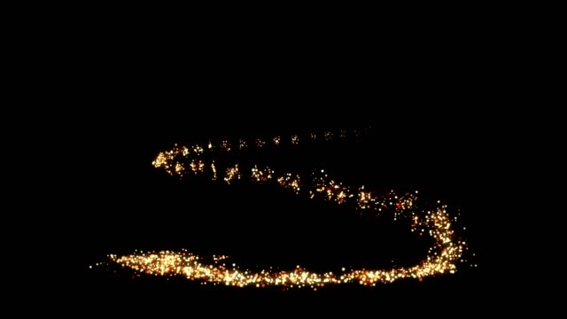 Animation of gold glitter light trail spiral with magic swirl path on black background
